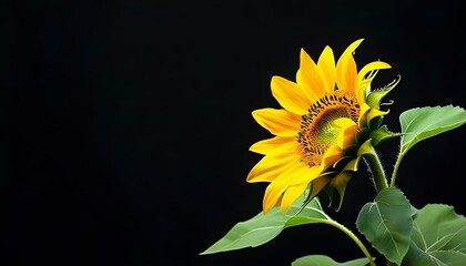 Wall Mural - Striking sunflower with vivid yellow petals and lush green leaves against a dramatic black backdrop