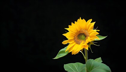 Wall Mural - Striking sunflower with vivid yellow petals and lush green leaves against a dramatic black backdrop