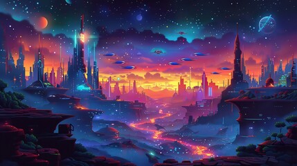 Cool drawing of a futuristic cityscape with neon lights flying cars and sleek skyscrapers under a dark starry sky