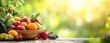 Fresh fruits in a wooden bowl on a wooden table with green bokeh background.