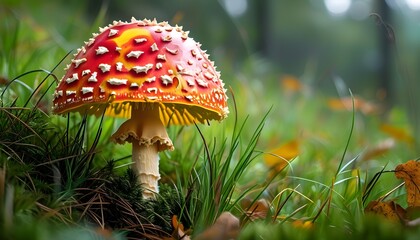 Colorful red and yellow mushroom with white spots nestled in lush green grass