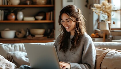 Wall Mural - Cheerful young woman engaged in online work with a laptop at home, embracing the benefits of generative AI technology