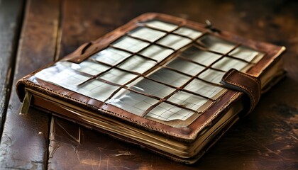 Wall Mural - Classic leather-bound journal with gridded pages showcased through a transparent plastic cover