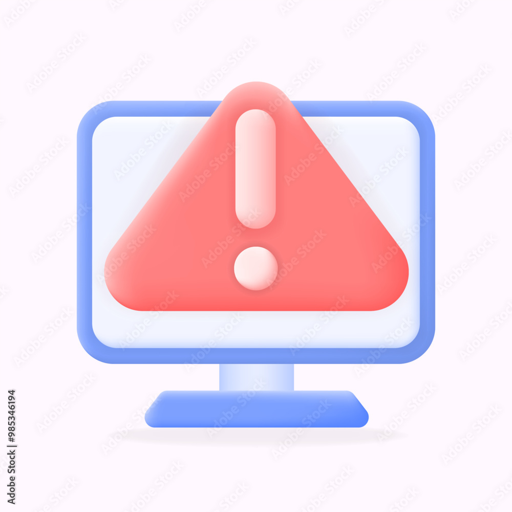 Cautious Computer Symbol 3D alert icon on a computer screen. Red warning symbol with exclamation ...