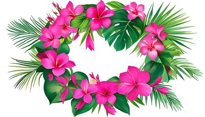 Wall Mural - Tropical wreath of vibrant pink flowers intertwined with lush green leaves for a festive celebration