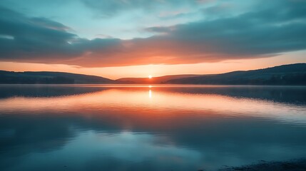 Wall Mural - Generative AI Image of Tranquil Empty Lake River with Mountain Hill View at Sunset Sunrise Sky