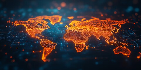 Poster - Orange glowing world map on a blue digital background.