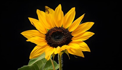 Radiant sunflower with vivid yellow petals and deep brown center in full bloom against a striking black backdrop