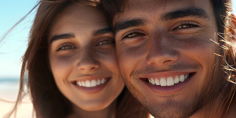 Wall Mural - A beautiful woman and a handsome man with brown hair and blue eyes, generative AI