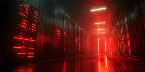 Aufkleber - Red-lit server room with glowing lights and a doorway at the end.