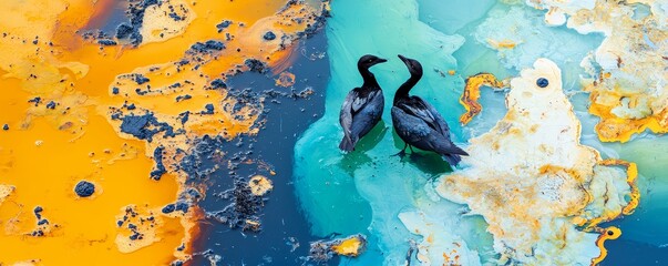 An oil spill in the ocean with birds and marine life affected, showcasing the environmental disaster caused by oil extraction and transportation