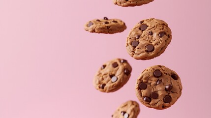 Flying sweet brown cookies crumbs with chocolate chip homemade for snack on solid portrait background