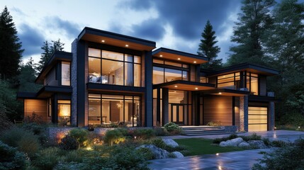 Poster - A modern house with an elegant design, illuminated by soft lighting in the evening, rendered with a realistic background of trees and twilight sky