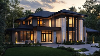 Fototapete - Beautiful evening rendering of a modern home, with warm lights glowing from large windows, set against a realistic background of trees and sunset