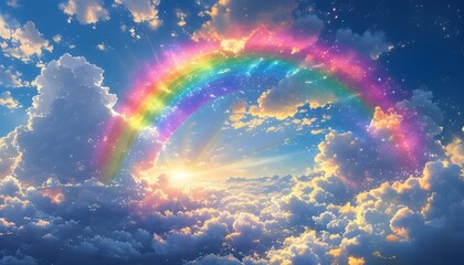 Wall Mural - Magical scene of a vibrant rainbow arching over a fluffy white cloud illuminated by radiant light