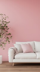 Wall Mural - Red wall  with shadow sun bright, lamp, white sofa and plant for modern living room