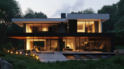 Poster - Beautiful modern house glowing softly in the evening, with sleek architecture and warm lights, set against a realistic natural backdrop