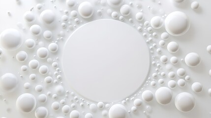 Wall Mural - Abstract design with white bubbles surrounding a blank center on a minimalist background. Circular bubbles in different sizes create a soft, ethereal effect,