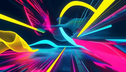 Wall Mural - Vibrant Geometric Abstraction with Dynamic Lines and Shapes in Neon Yellow, Magenta, and Blue