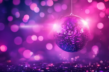 Poster - A disco ball hangs in the air above a purple and pink bokeh background.