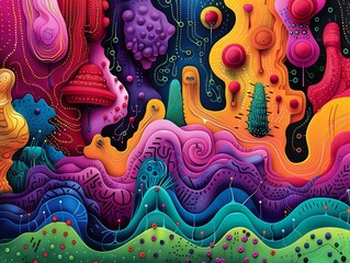 Wall Mural - Creative AI drawing represented as an abstract fusion of circuitry and organic shapes with vibrant colors and intricate patterns