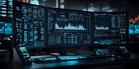 Leinwandbilder - Three computer monitors display data with charts and numbers, a keyboard, a tablet, and a telephone on a black desk in a dark office.