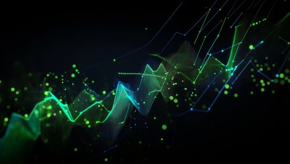 Poster - Abstract green and blue lines with glowing dots on black background.
