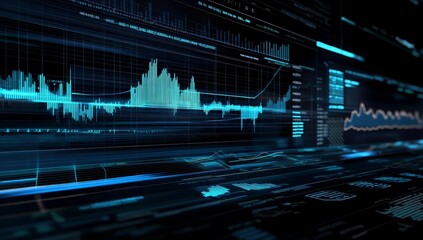 Poster - Abstract digital data visualization with blue glowing lines and graphs on a black background.