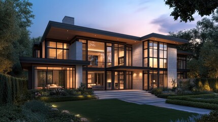 Poster - Elegant rendering of a modern home at dusk, with large windows and glowing lights, set against a realistic backdrop of twilight skies and trees
