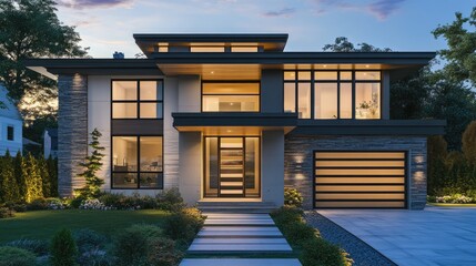 Fototapete - Elegant rendering of a modern home in the evening, with soft lighting highlighting the sleek design, set against a realistic outdoor background