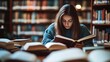 © NOPPHINAN - Young woman studying intently in a library surrounded by books.