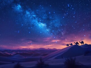 Canvas Print - Desert landscape at twilight with the silhouettes of camels walking along the dunes under a starry sky