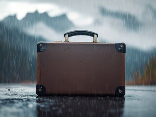 A vintage suitcase stands alone in the rain, evoking a sense of adventure and nostalgia amidst a moody, dramatic landscape.