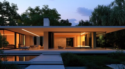 Poster - Stunning rendering of a modern house at dusk, with glowing interior lights, sleek design, and a realistic outdoor background of trees and sky
