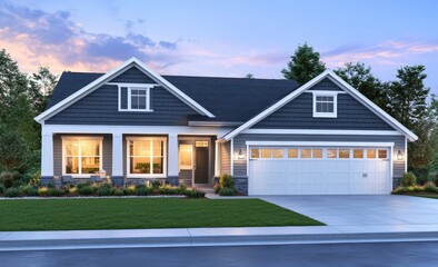 Poster - A beautiful modern house with a white garage door and a green lawn.