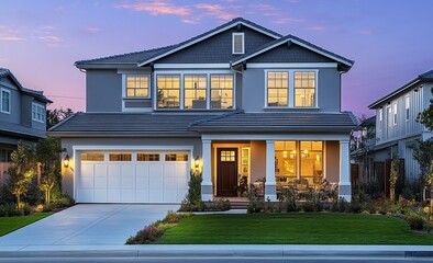 Poster - Modern two-story home with a white garage door, front porch and a manicured lawn.