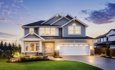 Poster - A two-story house with a large garage and a beautiful lawn at dusk.