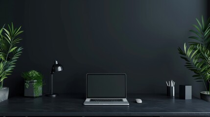 Stylish workspace with laptop on black ceramic table and office decoration on dark wall AI generated