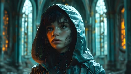 Wall Mural - Cyberpunk girl in hood exploring an abandoned church, immersed in dark cyan and amber hues, evoking a haunting dystopian atmosphere.