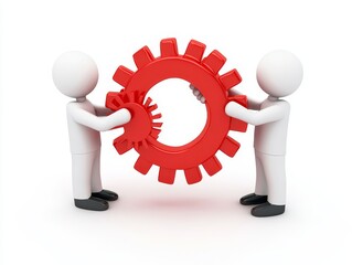 Aufkleber - Two 3D people holding a red gear together.