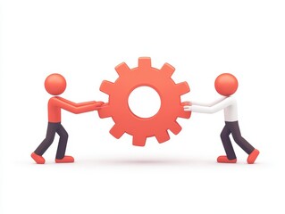 Aufkleber - Two cartoon characters are working together to turn a large red gear.