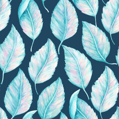 Seamless pattern with hand-drawn blue abstract leaves in various position for textile and wallpaper