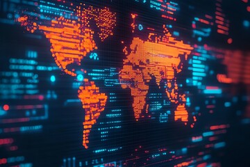 Fototapete - World map formed of glowing orange dots on a blue and black digital background.