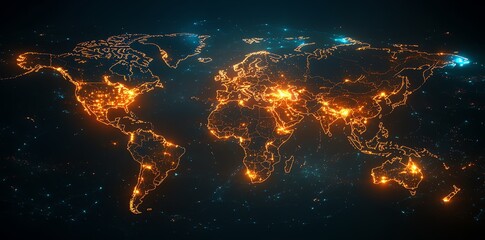 Poster - World map with glowing cities and lines showing connections between them on a dark blue background.