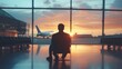 © songpol152 - Real photo of travel by plane, Businessman passenger waiting in airport, silhouette of passenger watching aircraft taking off.