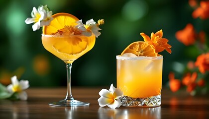 Wall Mural - Crisp cocktails with orange slice and flower garnish on a table amidst a soft green backdrop