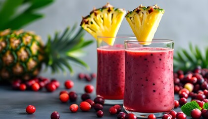 Poster - Refreshing cranberry and pineapple smoothie served with vibrant fruit garnishes