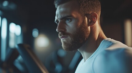 Wall Mural - Focused male athlete doing a cardio session on a treadmill at a fitness club, pushing his limits.