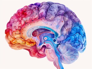 Wall Mural - Detailed medical illustration of human brain anatomy with clearly labeled regions and vivid colors