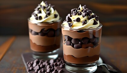 Wall Mural - Decadent chocolate mousse cups topped with whipped cream and chocolate chips